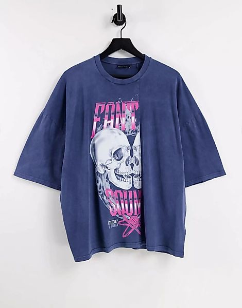 ASOS DESIGN – Oversize-T-Shirt in verwaschenem Navy mit geteiltem Totenkopf günstig online kaufen