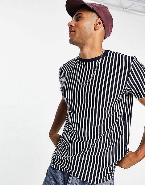 Topman – Gestreiftes T-Shirt in Marineblau und Weiß mit klassischem Schnitt günstig online kaufen