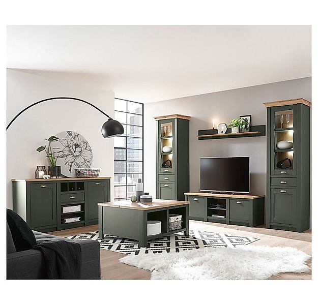 Lomadox Wohnwand CINCINNATI-61, (6-St), grün mit Wotan Eiche mit Beleuchtun günstig online kaufen
