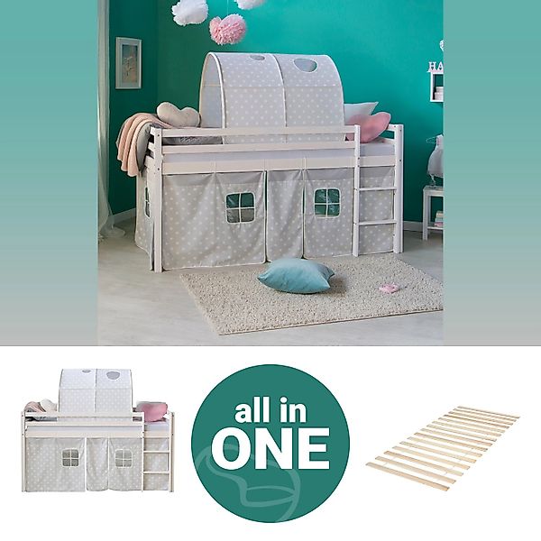 Homestyle4u Hochbett 90x200 Weiß mit Lattenrost und Tunnel 2766 günstig online kaufen