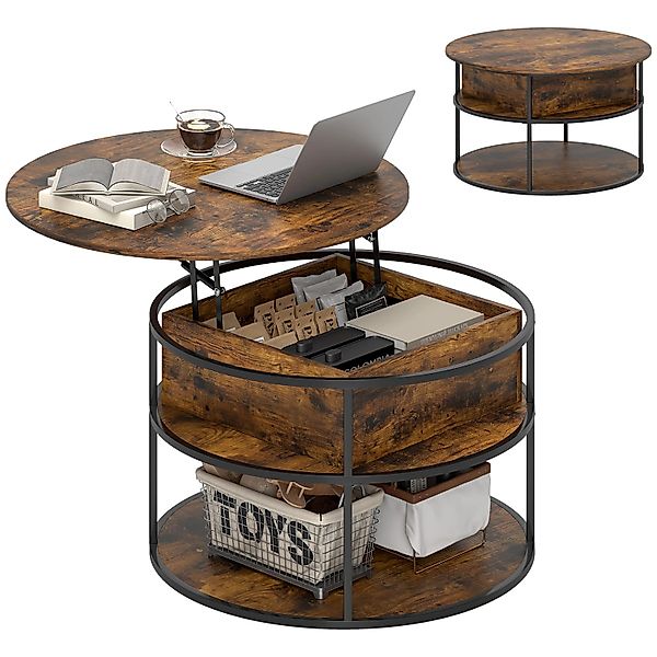 HOMCOM Couchtisch Rund Höhenverstellbar für Wohnzimmer Braun günstig online kaufen