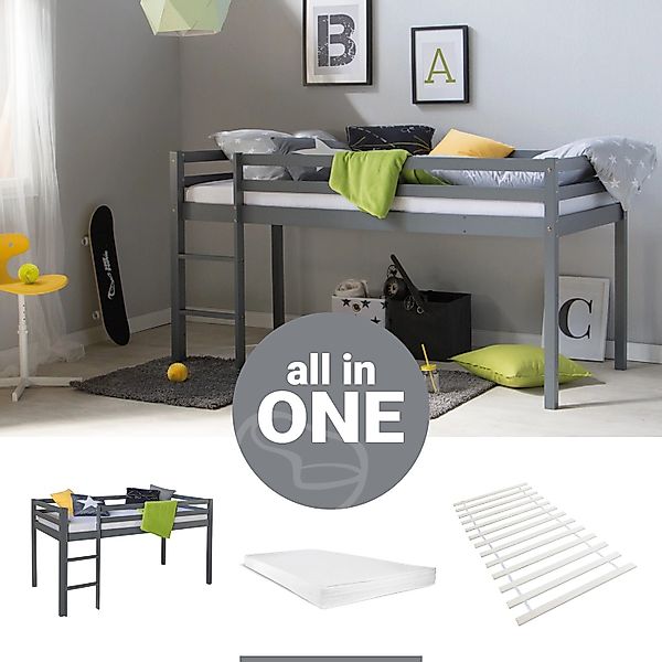 Homestyle4u Kinderbett 90x200 mit Latterost und Matratze in Grau 2257 günstig online kaufen