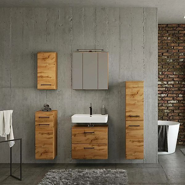 Badezimmermöbel Set in Wotan Eiche Nb. MORISSON-03 mit Spiegelschrank inkl. günstig online kaufen