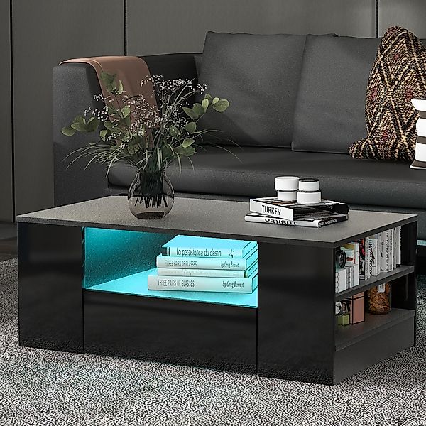 Wohnzimmertisch Couchtisch 95 cm Hochglanz mit 2 Schubladen 2 Regalen LED B günstig online kaufen