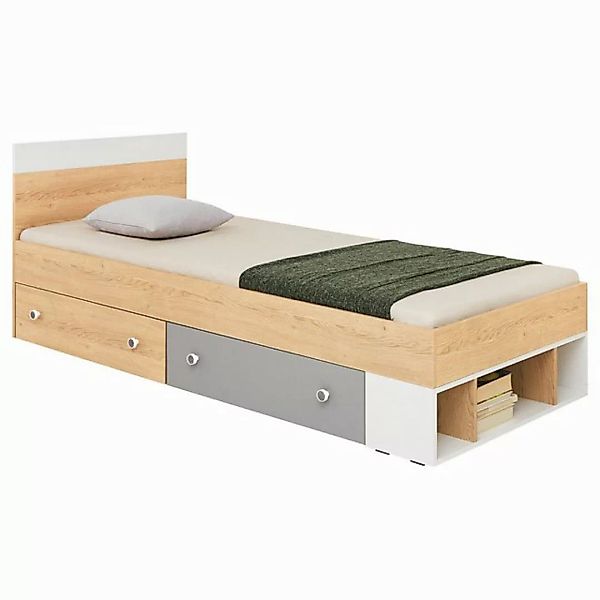 Lomadox Bett PINETO-133, Eiche Nb.,weiß,grau, 2 Schubkästen, Liegefläche ca günstig online kaufen