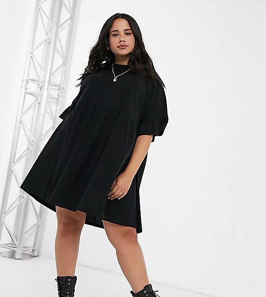 ASOS DESIGN Curve – Extrem übergroßes, schwarzes Hängerkleid mit Rüschenärm günstig online kaufen