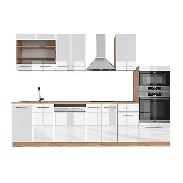 Vicco Fame-Line Küchenzeile Weiß Hochglanz/Goldkraft Eiche 300 cm mit Hochs günstig online kaufen