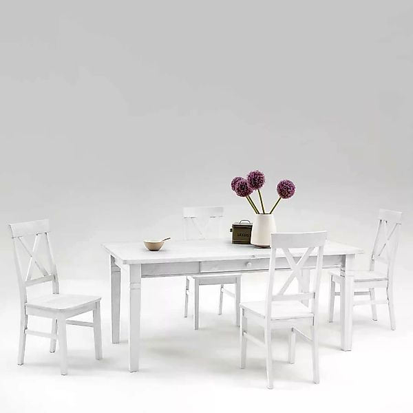 Esstisch mit Stühlen im skandinavischen Landhausstil Weiß Kiefer massiv (fü günstig online kaufen
