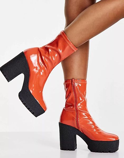 ASOS DESIGN – Elena – Stiefel mit hohem Absatz und Lackoptik in Orange günstig online kaufen