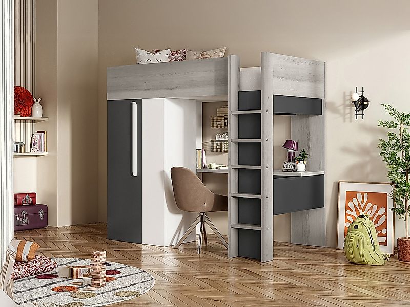 Hochbett mit Schrank & Schreibtisch + Matratze - 90 x 200 cm - Anthrazit & günstig online kaufen