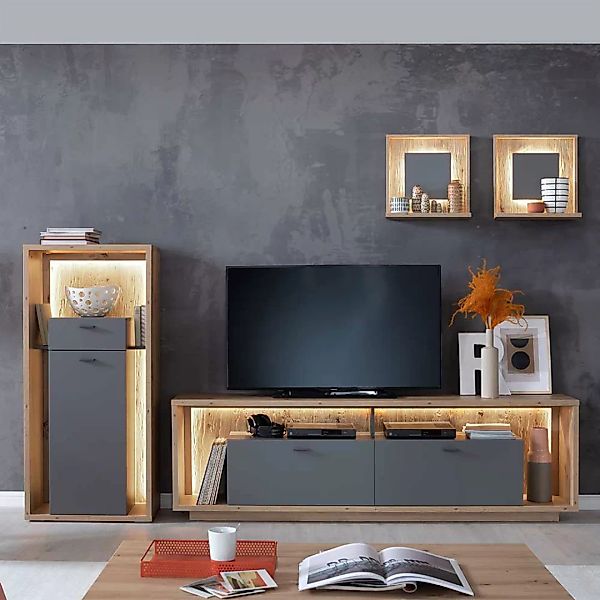 Wohnzimmerwand modern in Eiche Holzoptik Grau (vierteilig) günstig online kaufen