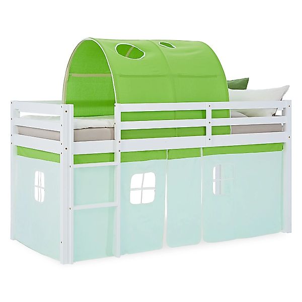 Homestyle4u Kinder Hochbett 90x200 mit Matratze Tunnel Vorhang Grün Kinderb günstig online kaufen