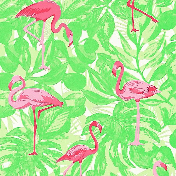 Bricoflor Tropical Tapete in Grün Pink Neon Vliestapete mit Flamingo in Hel günstig online kaufen