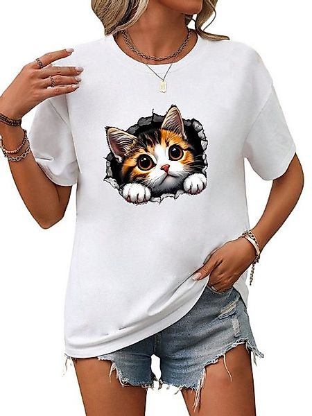 PYL Rundhalsshirt Damen Sommer Kurzarmbluse Locker Katze Print-Shirt günstig online kaufen