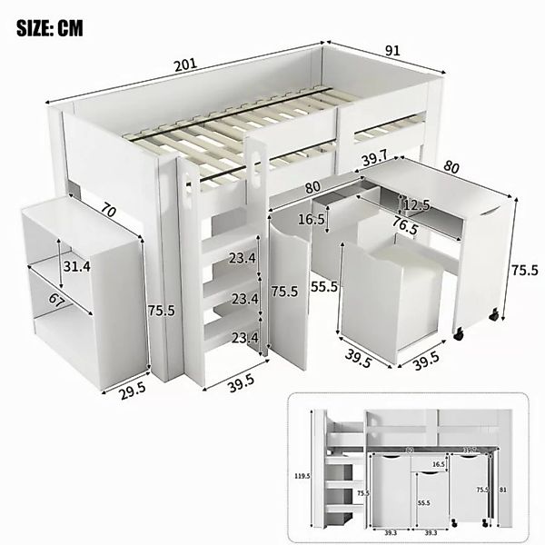 Flieks Hochbett Kinderbett 90x200cm mit beweglichem Schrank, Schreibtisch u günstig online kaufen