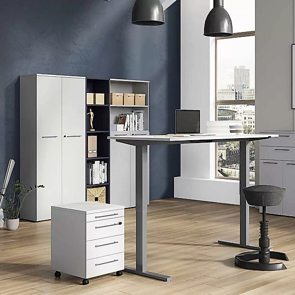 Büromöbel Komplettset in Lichtgrau höhenverstellbarem Schreibtisch (fünftei günstig online kaufen