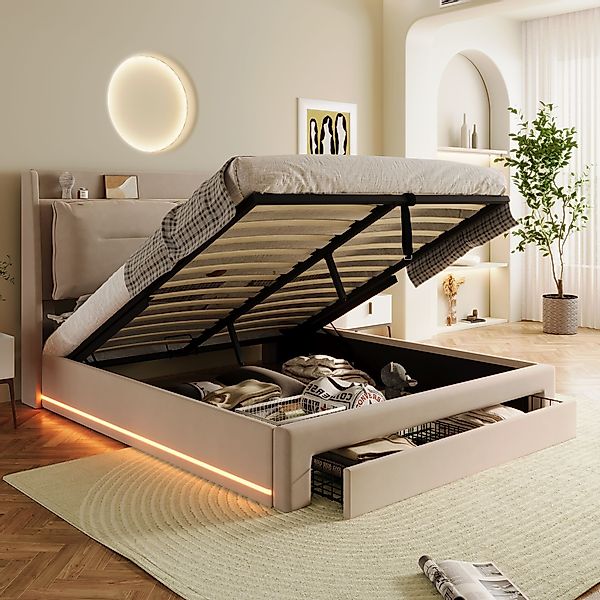 Flieks Polsterbett, LED Hydraulisches Stauraumbett Doppelbett günstig online kaufen