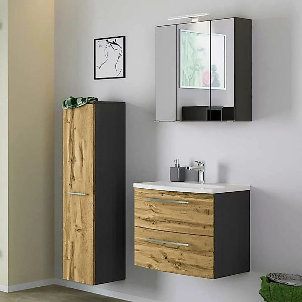 Badezimmermöbelset in Wildeichefarben und Dunkelgrau 90 cm breit (dreiteili günstig online kaufen