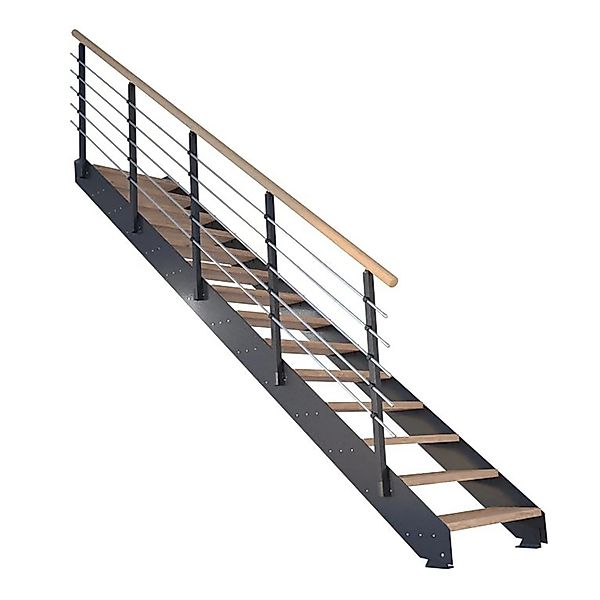 Treppe Kos 15 Stufen Eiche Rustik Geölt 85 cm Metallgeländer Anthrazit FSC® günstig online kaufen