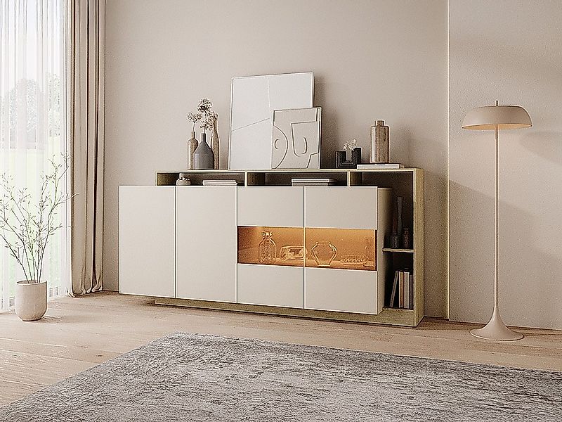 Sideboard mit 4 Türen & 4 Ablagefächern - Mit LED-Beleuchtung - Beige und N günstig online kaufen