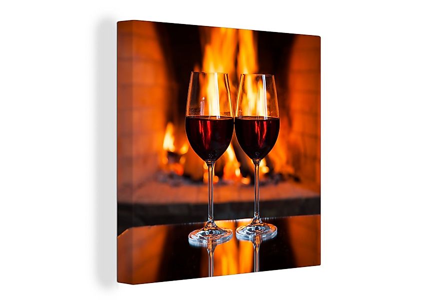 OneMillionCanvasses® Leinwandbild Zwei Gläser Rotwein am offenen Feuer, Fot günstig online kaufen