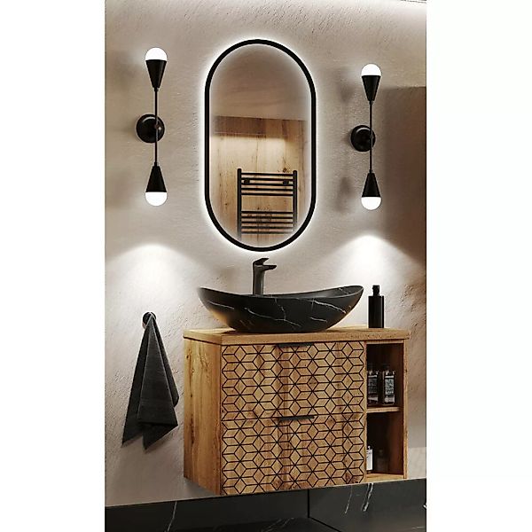 Badezimmer Waschplatz Set 2-teilig, 80cm Waschtisch, Eiche mit Rautenoptik, günstig online kaufen