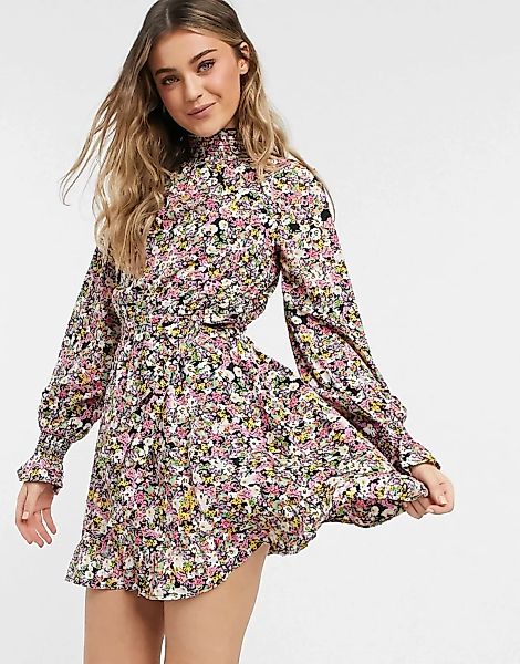 Influence – Hochgeschlossenes Minikleid mit geschnürter Taille und Blumenmu günstig online kaufen