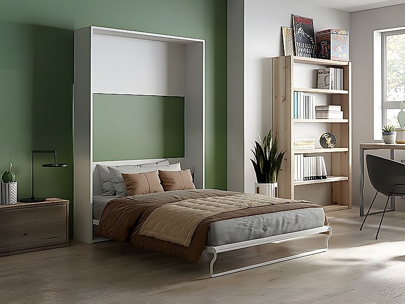 Schrankbett + Matratze - 140 x 200 cm - Manuelle vertikale Öffnung - Weiß - günstig online kaufen