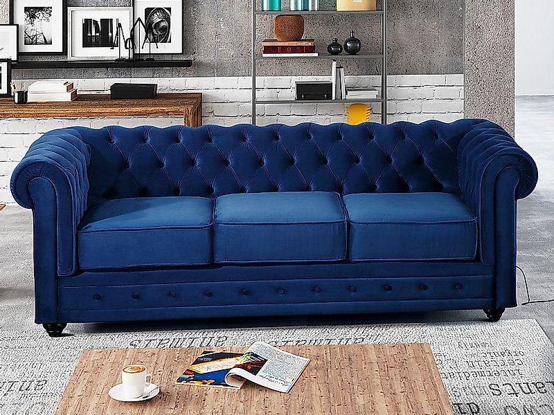 Sofa 3-Sitzer - Samt - Dunkelblau - CHESTERFIELD günstig online kaufen