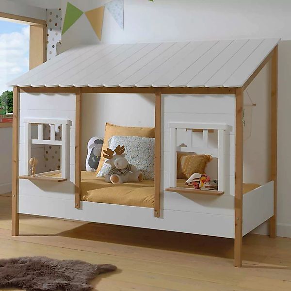 Kinderzimmer Hausbett mit Fenstern Weiß & Eichefarben günstig online kaufen