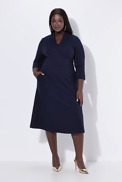 Ulla Popken Midikleid Midi-Puntokleid Kelchkragen V-Ausschnitt günstig online kaufen