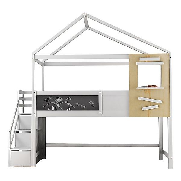 Merax Hochbett 90x200 cm, Etagenbett inkl. Treppe, Tafel und Lattenrost, Ma günstig online kaufen