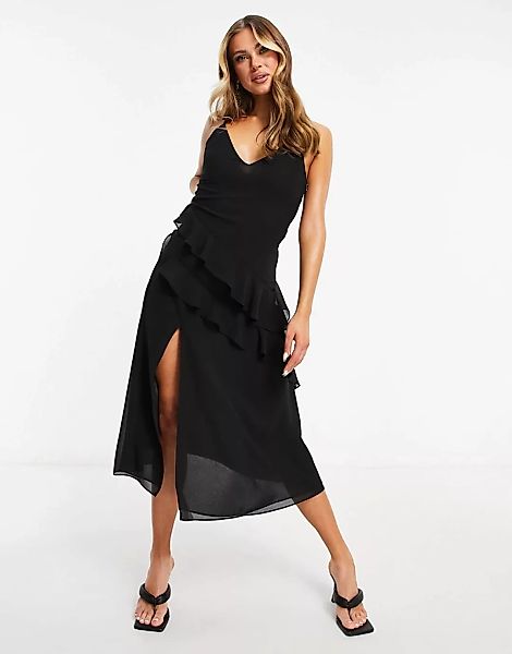 Pretty Lavish – Midaxi-Kleid in Schwarz aus Chiffon mit gestuften, asymmetr günstig online kaufen
