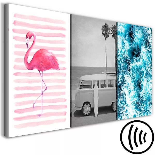 Leinwandbild Miami-Symbole - Flamingo, altes Auto - Van, Surfbrett und Ozea günstig online kaufen