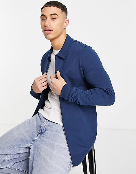 ASOS DESIGN – Harrington-Jacke aus Jersey im Muskelschnitt, Marine-Blau günstig online kaufen