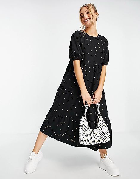 ASOS DESIGN – Gestuftes Midi-Hängerkleid in Schwarz mit durchgängiger Stern günstig online kaufen
