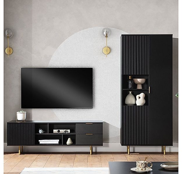 Lomadox Wohnwand NADOR-132, (2-St), in matt schwarz, goldfarbene Metallgrif günstig online kaufen