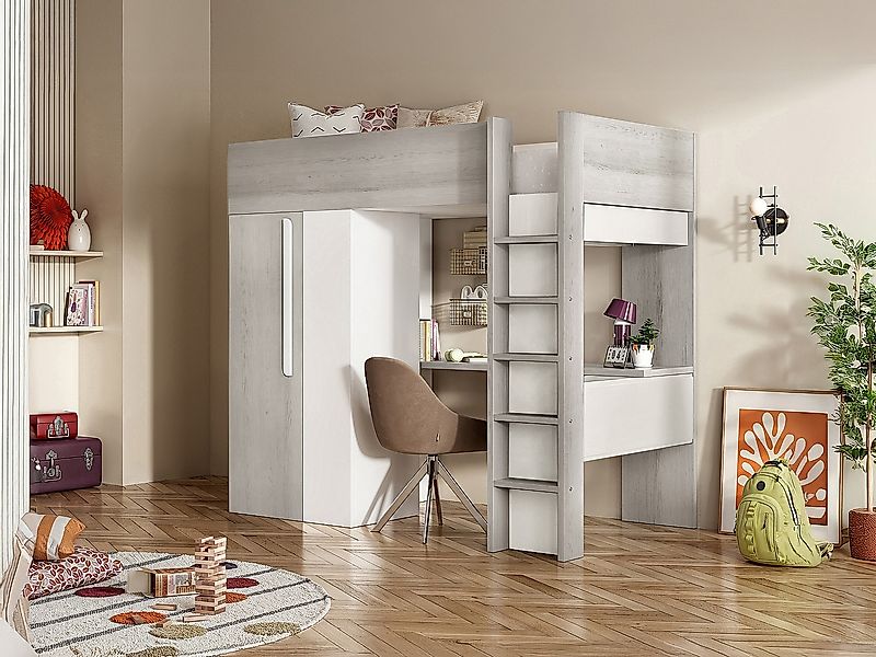 Hochbett mit Schreibtisch & Kleiderschrank - 90 x 200 cm - Holzfarben Grau günstig online kaufen