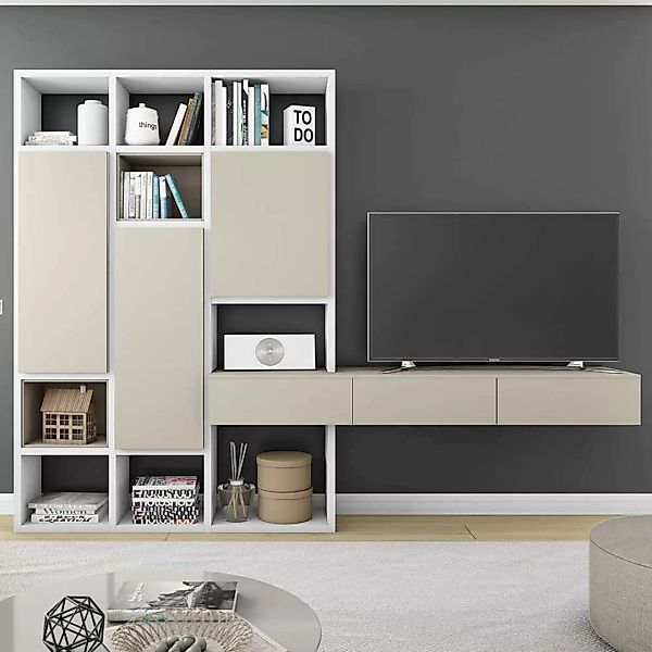 Design TV Wand mit Türen Weiß und Beige günstig online kaufen
