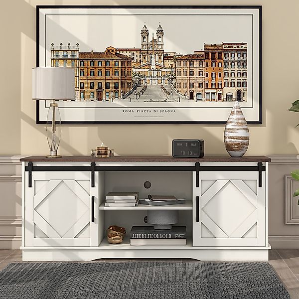 TV-Schrank mit 2 Schiebetüren, Landhaus Modernes Design, 150x40x60 cm, Brau günstig online kaufen
