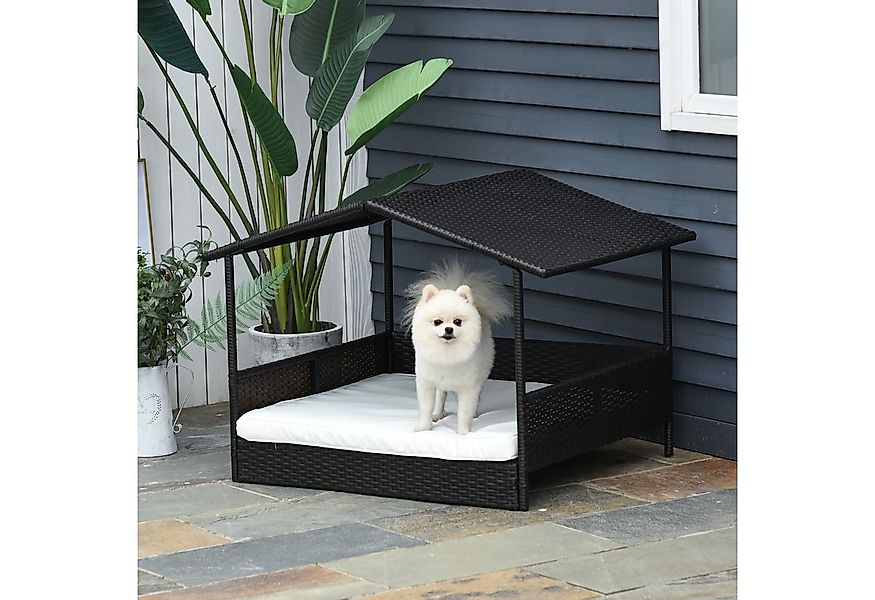 PawHut Hundehütte Rattan Hundehaus mit Kissen, Hundebett im Hausform, für k günstig online kaufen