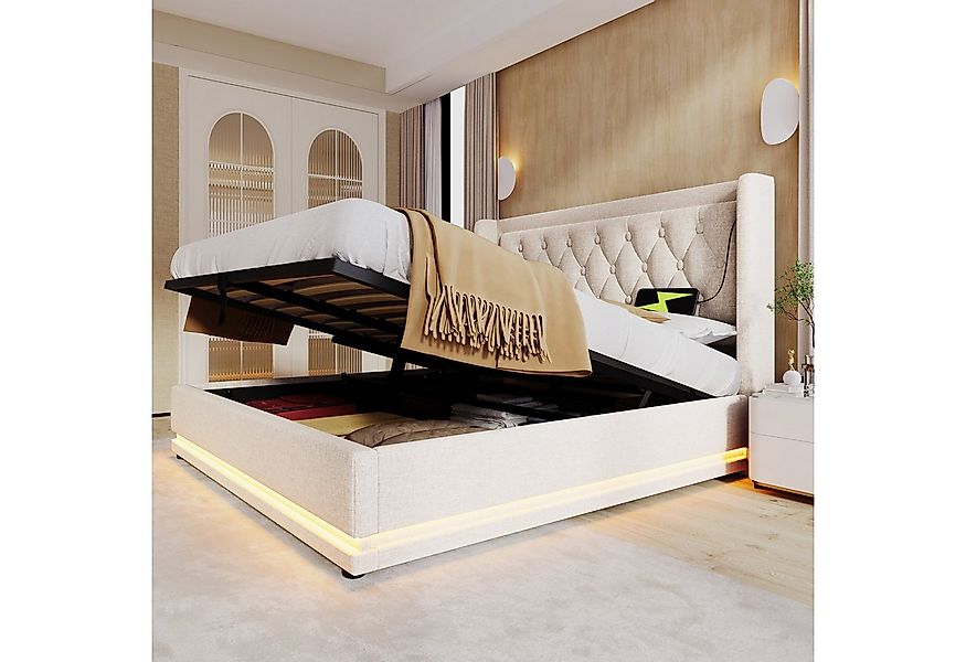 Flieks Polsterbett, LED Hydraulisches Stauraumbett Doppelbett günstig online kaufen