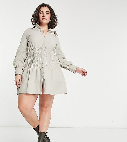 Missguided Plus – Mini-Hemdkleid mit gerafftem Einsatz in Stein-Neutral günstig online kaufen