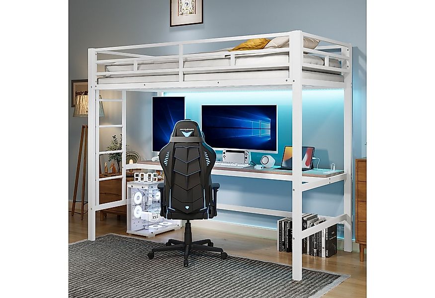 Flieks Hochbett Metallbett 90x200cm mit Leiter, Schreibtisch mit Aufladenfu günstig online kaufen