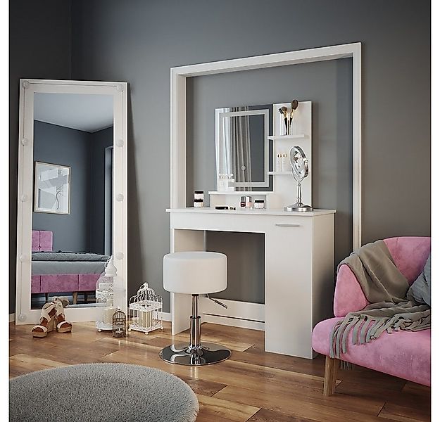 Vicco Schminktisch Julia, Weiß, 90 cm mit LED-Spiegel und Hocker günstig online kaufen