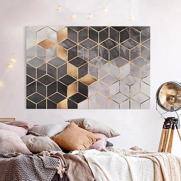 Leinwandbild Abstrakt - Querformat Schwarz Weiß goldene Geometrie günstig online kaufen