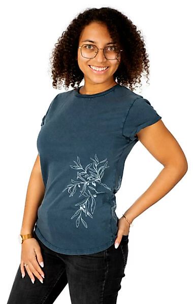 Shirt Aus Biobaumwolle Fairwear Für Damen "Olive Branch" In Washed Blue/gre günstig online kaufen