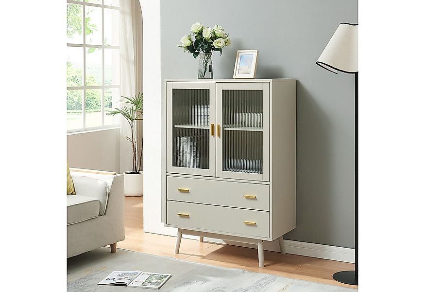 en.casa Vitrine »Susa« mit 2 Türen und 2 Schubladen 120 x 80 x 40 cm Beige günstig online kaufen