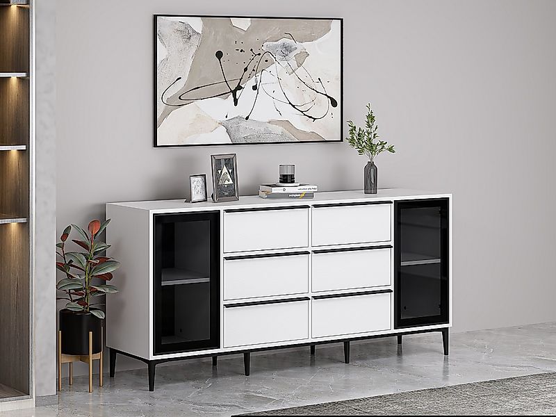 Sideboard mit 2 Türen aus Sicherheitsglas & 6 Schubladen - Weiß & Schwarz - günstig online kaufen