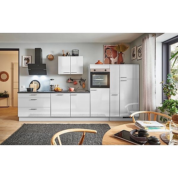 pino Küchenzeile 370cm Lichtgrau Hochglanz Anschlag R 1Geräte-,1Apothekersc günstig online kaufen